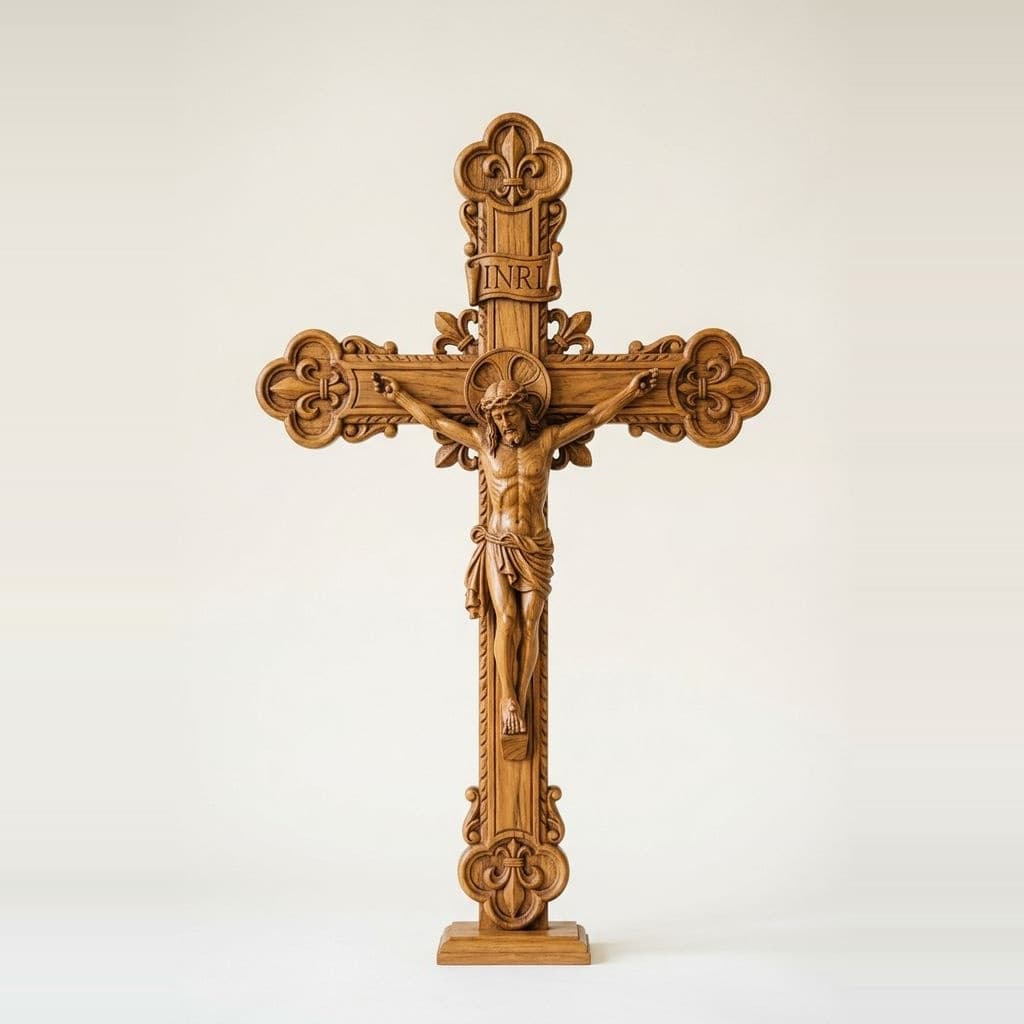 Ornate Hand-Carved Wooden Crucifix - View 1