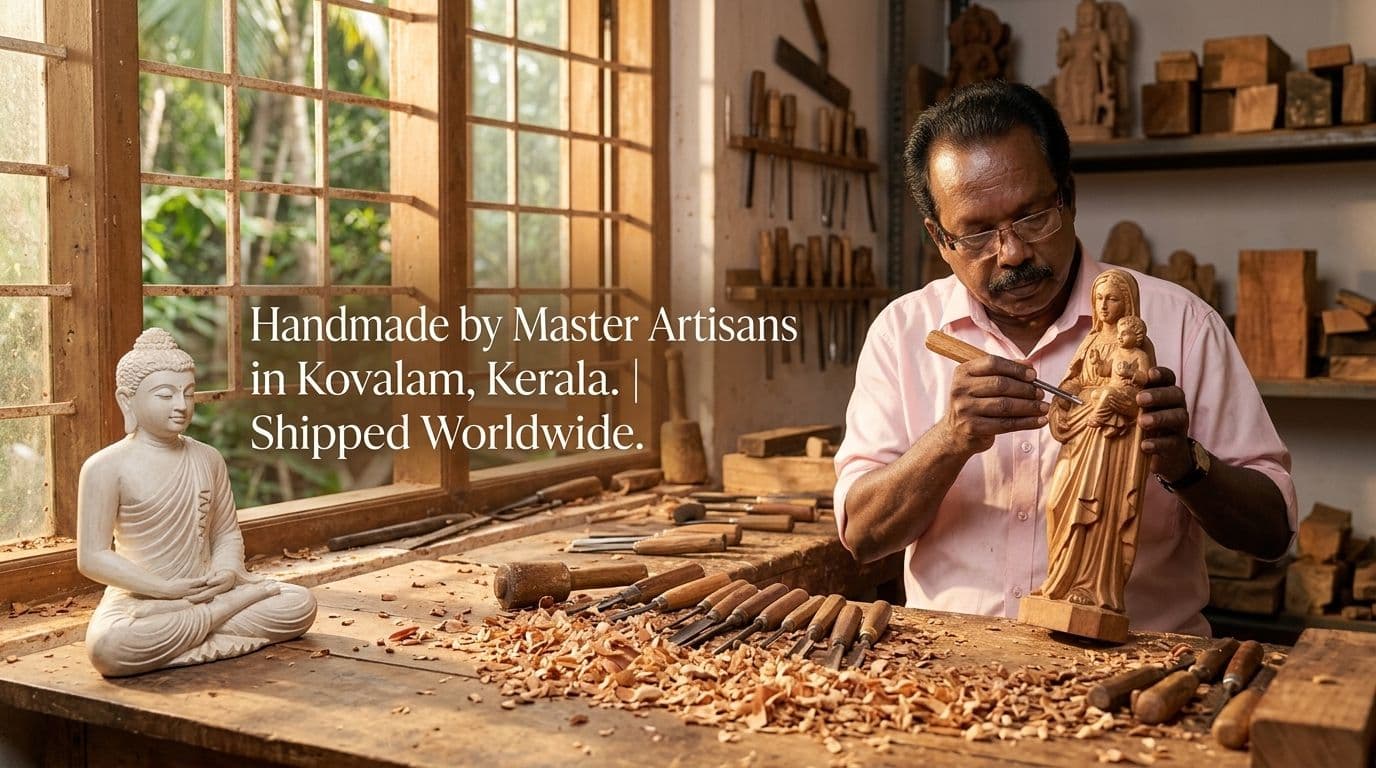 Master Artisan Shri Nagappan carving sacred wood sculptures in Diya Handicrafts Kovalam Kerala atelier